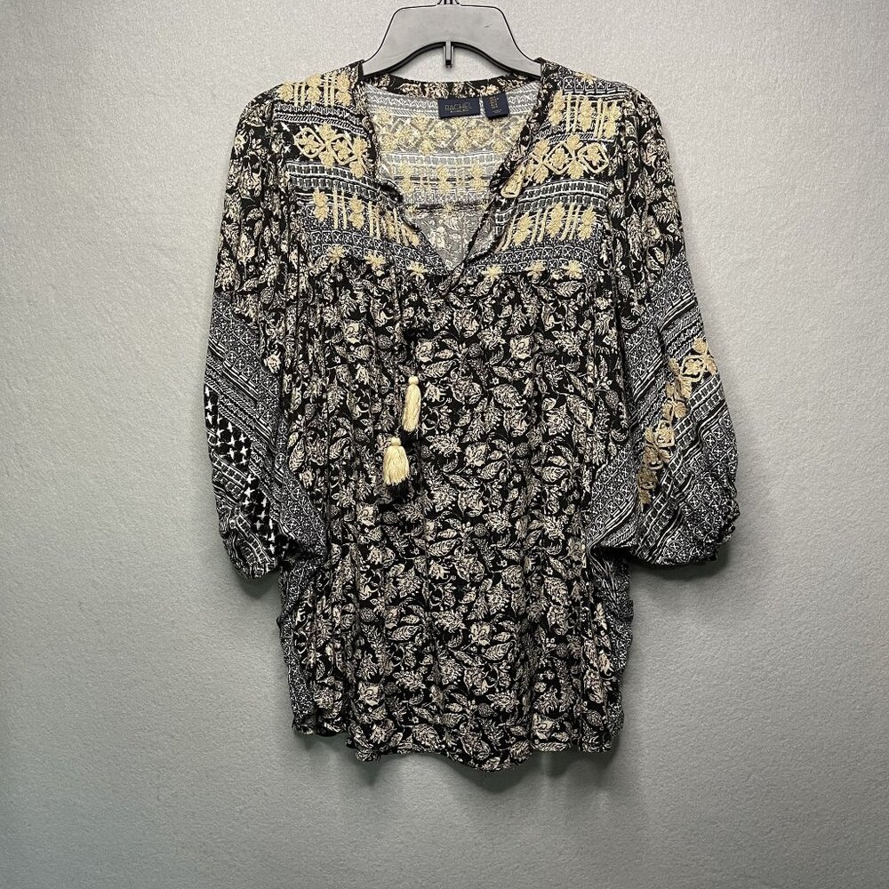 Rachel Roy Womens Boho Blouse Top With Tassels Floral Print Black & Beige S